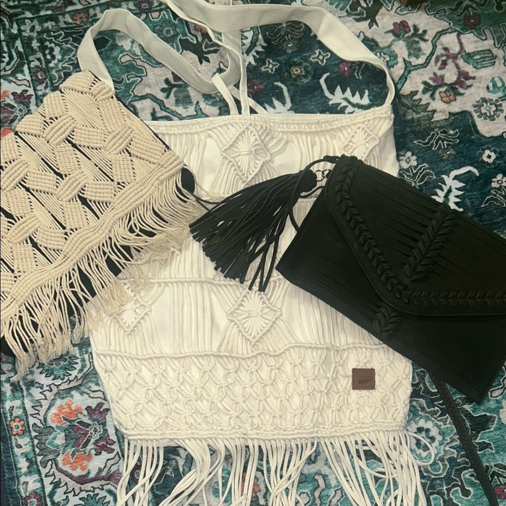 Stella & Dot Cream Macramé Fringe Crossbody with Black Tassel Clutch